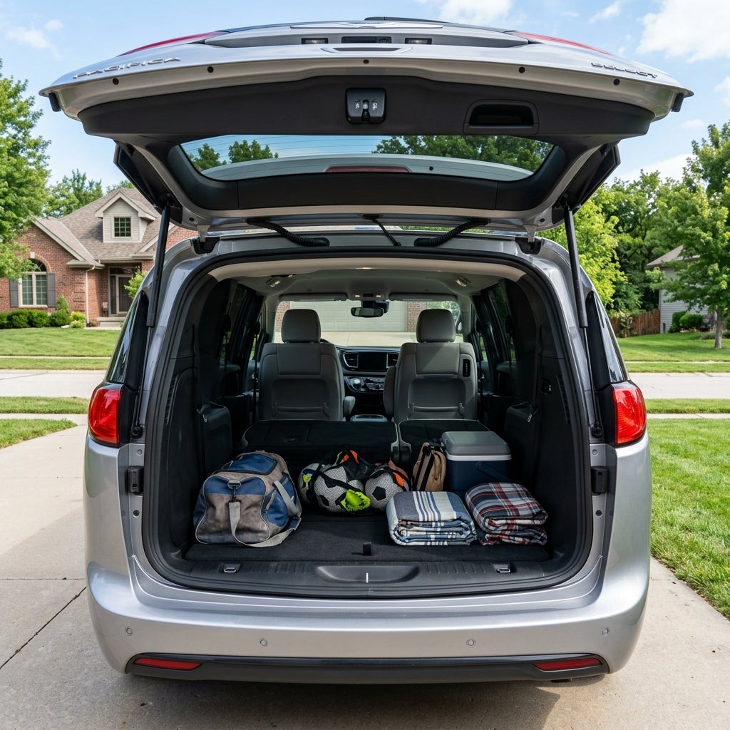 Open trunk of a silver minivan loaded with a duffel bag, sports gear, folded blankets, and a cooler. (Representative image for illustration purposes only. Actual vehicle may vary based on trim and configuration.)