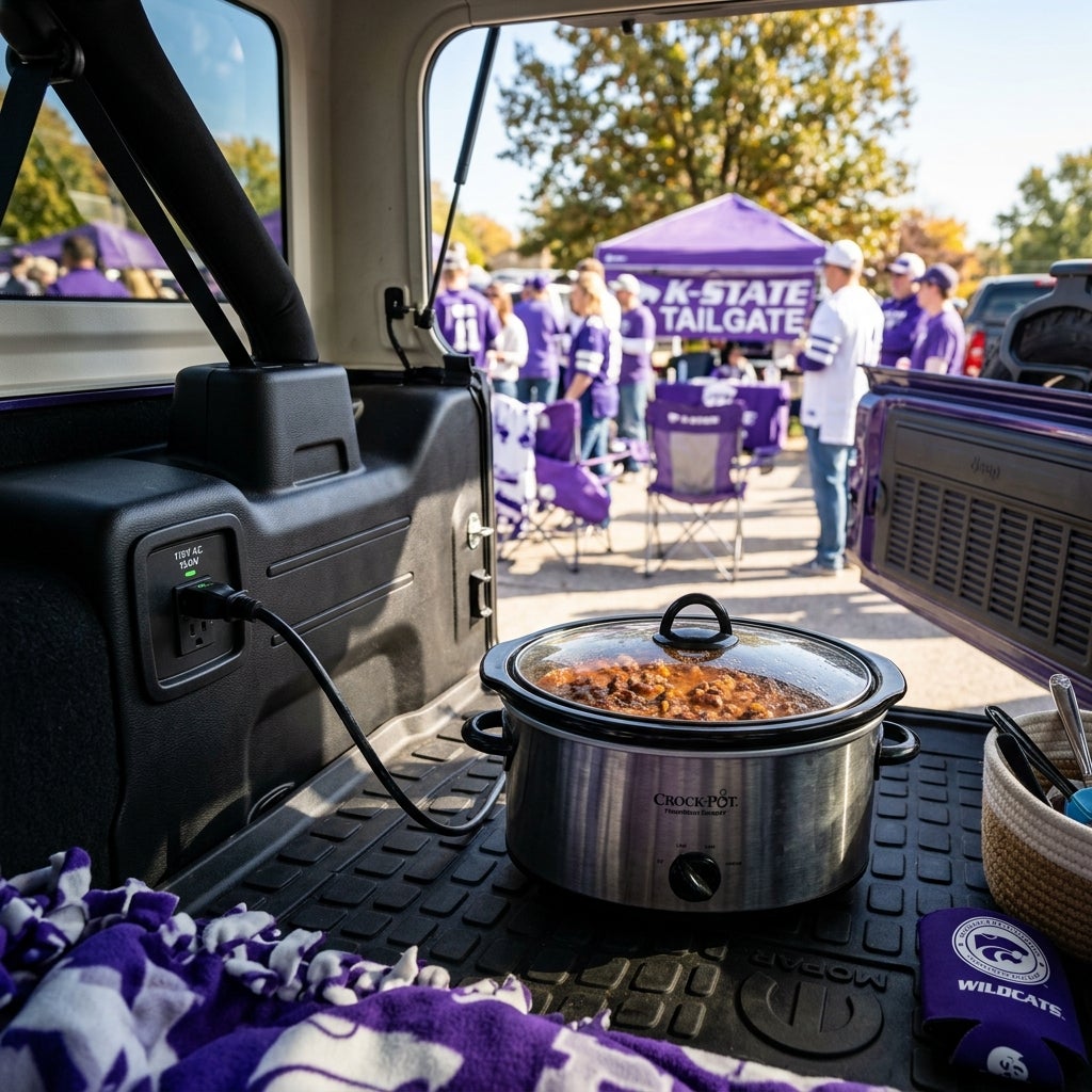 A slow cooker plugged into a built-in outlet in the trunk of a Jeep during a K-State tailgate party. (Representative image for illustration purposes only. Actual vehicle may vary based on trim and configuration.)
