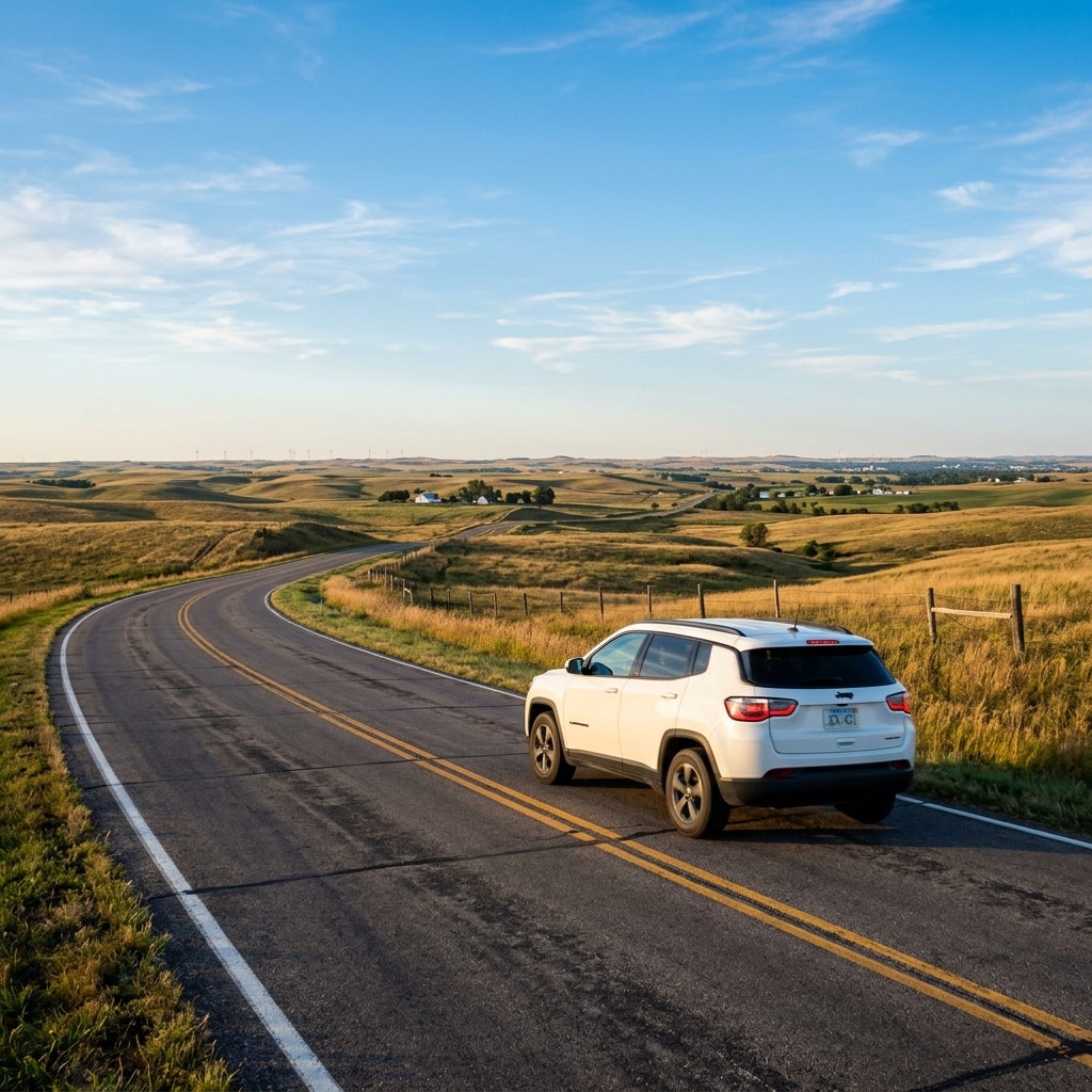A white SUV driving along a winding asphalt road through rolling golden hills under a clear blue sky. (Representative image for illustration purposes only. Actual vehicle may vary based on trim and configuration.)