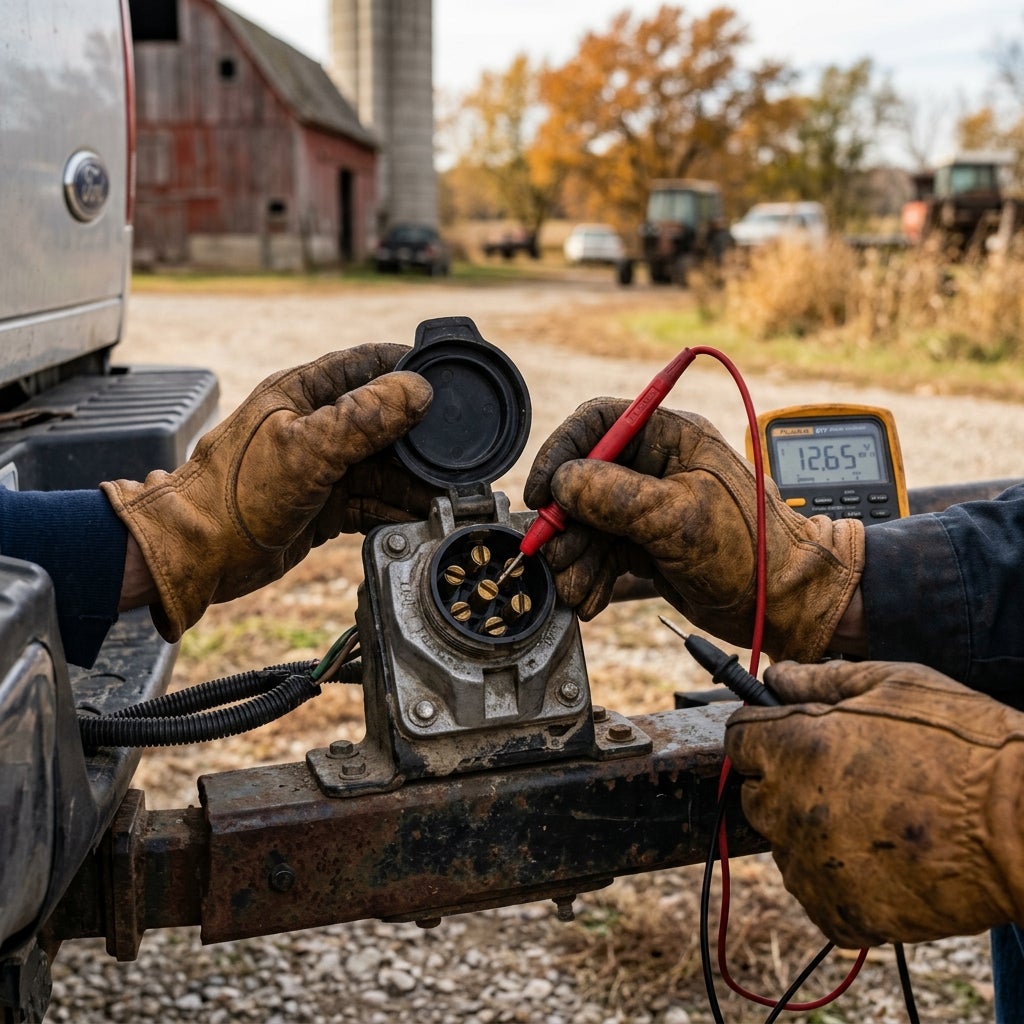 A person wearing leather gloves uses a multimeter to test the electrical voltage of a trailer hitch socket on a truck. (Representative image for illustration purposes only. Actual vehicle may vary based on trim and configuration.)