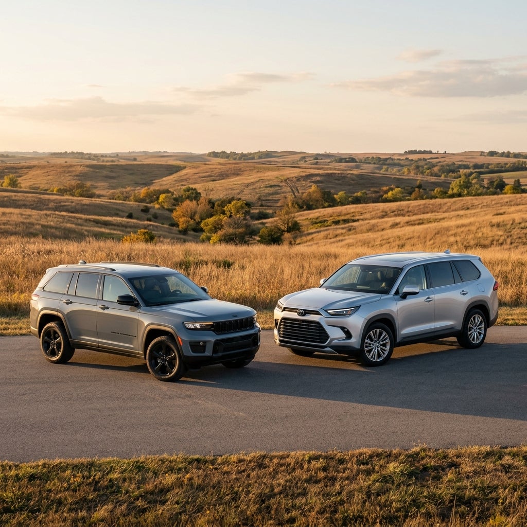 A dark grey Jeep Grand Cherokee L and a silver Toyota Grand Highlander parked on a road in a grassy landscape. (Representative image for illustration purposes only. Actual vehicle may vary based on trim and configuration.)