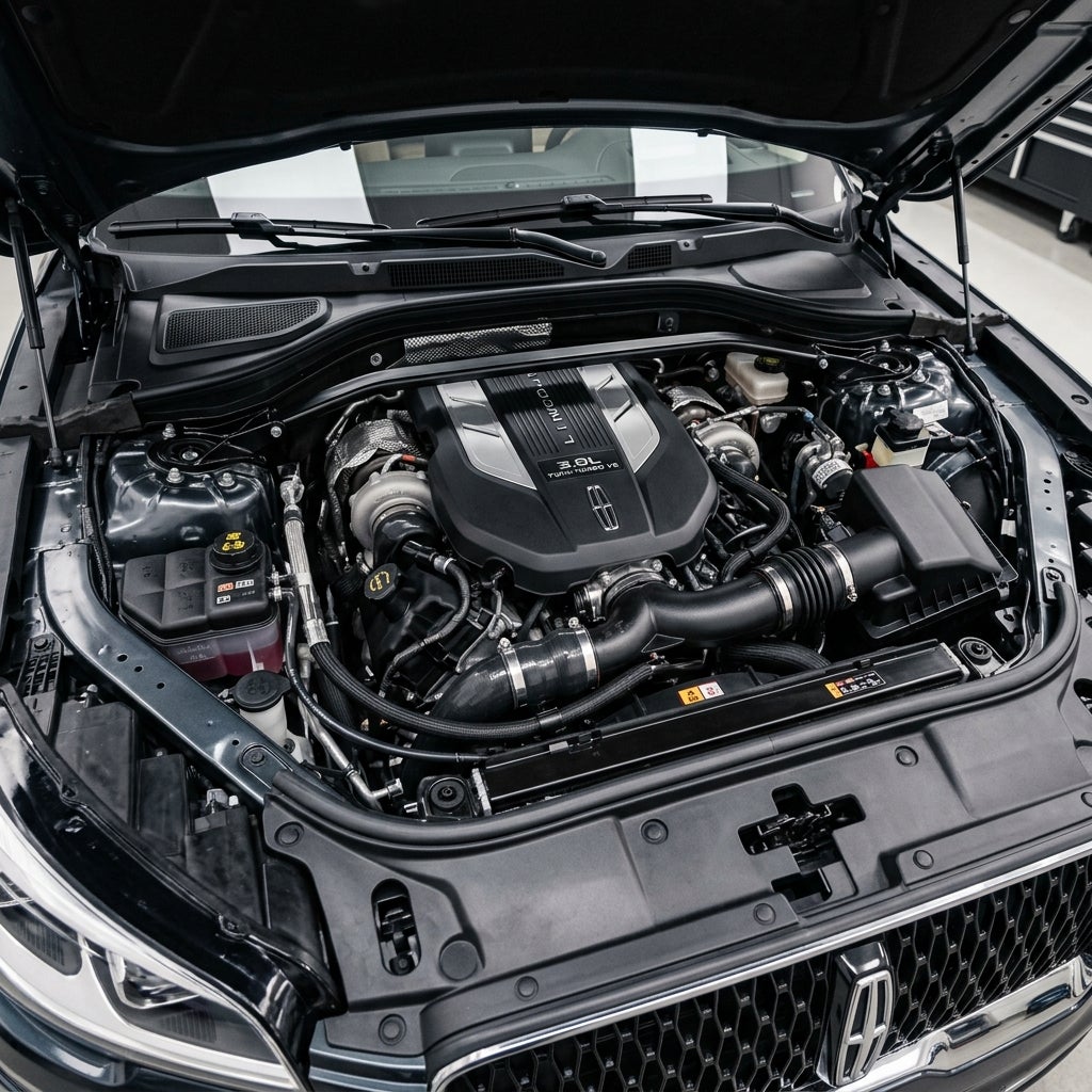 Open hood exposing a Lincoln 3.0L twin-turbo V6 engine and surrounding mechanical components in a vehicle. (Representative image for illustration purposes only. Actual vehicle may vary based on trim and configuration.)
