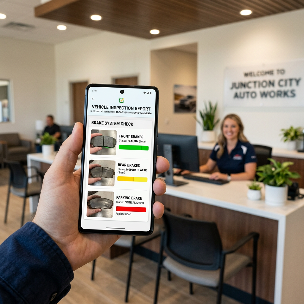 A person holds a smartphone showing a digital vehicle inspection report in an auto shop lobby. (Representative image for illustration purposes only. Actual vehicle may vary based on trim and configuration.)