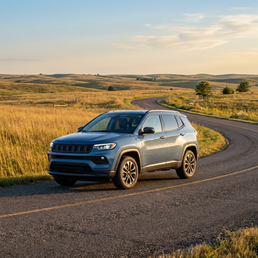 A light blue Jeep Compass driving along a winding asphalt country road through rolling golden hills at sunset. (Representative image for illustration purposes only. Actual vehicle may vary based on trim and configuration.)