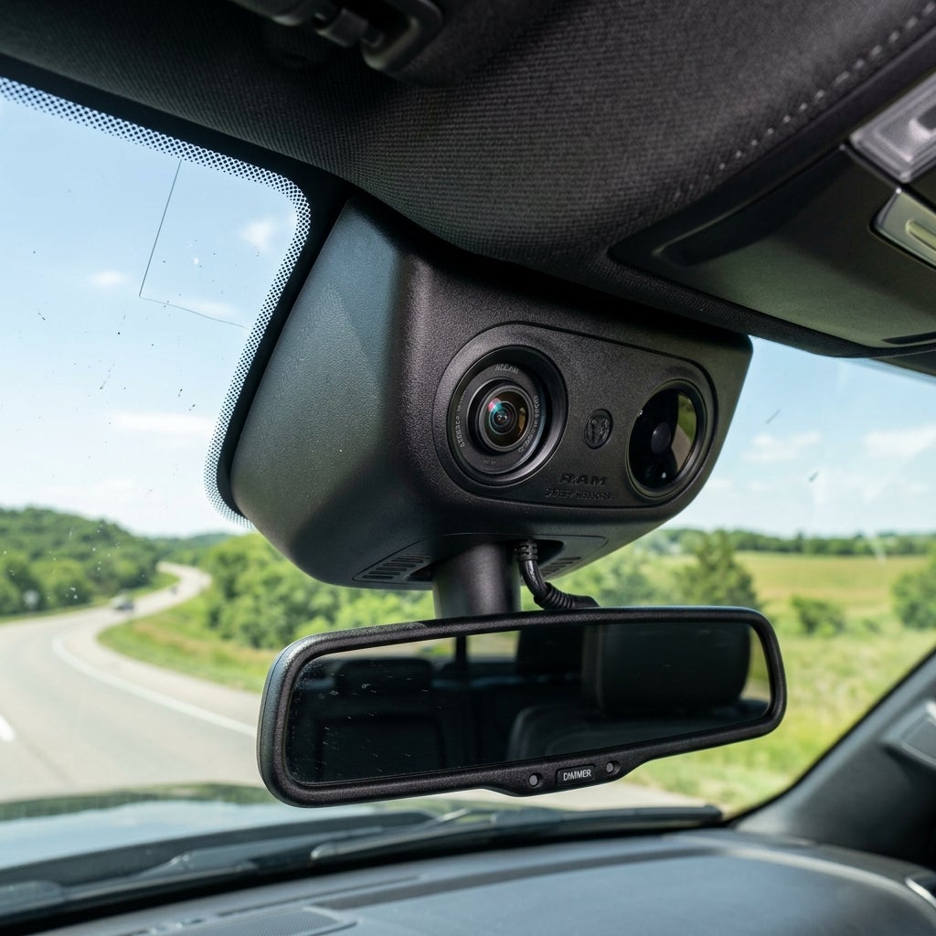 A dual-lens camera and sensor module mounted above the rearview mirror inside a RAM vehicle. (Representative image for illustration purposes only. Actual vehicle may vary based on trim and configuration.)