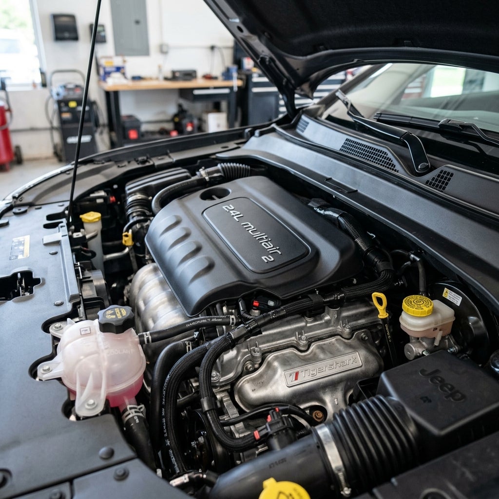 Under the hood of a Jeep showing a clean 2.4L MultiAir 2 Tigershark engine in an auto repair shop. (Representative image for illustration purposes only. Actual vehicle may vary based on trim and configuration.)