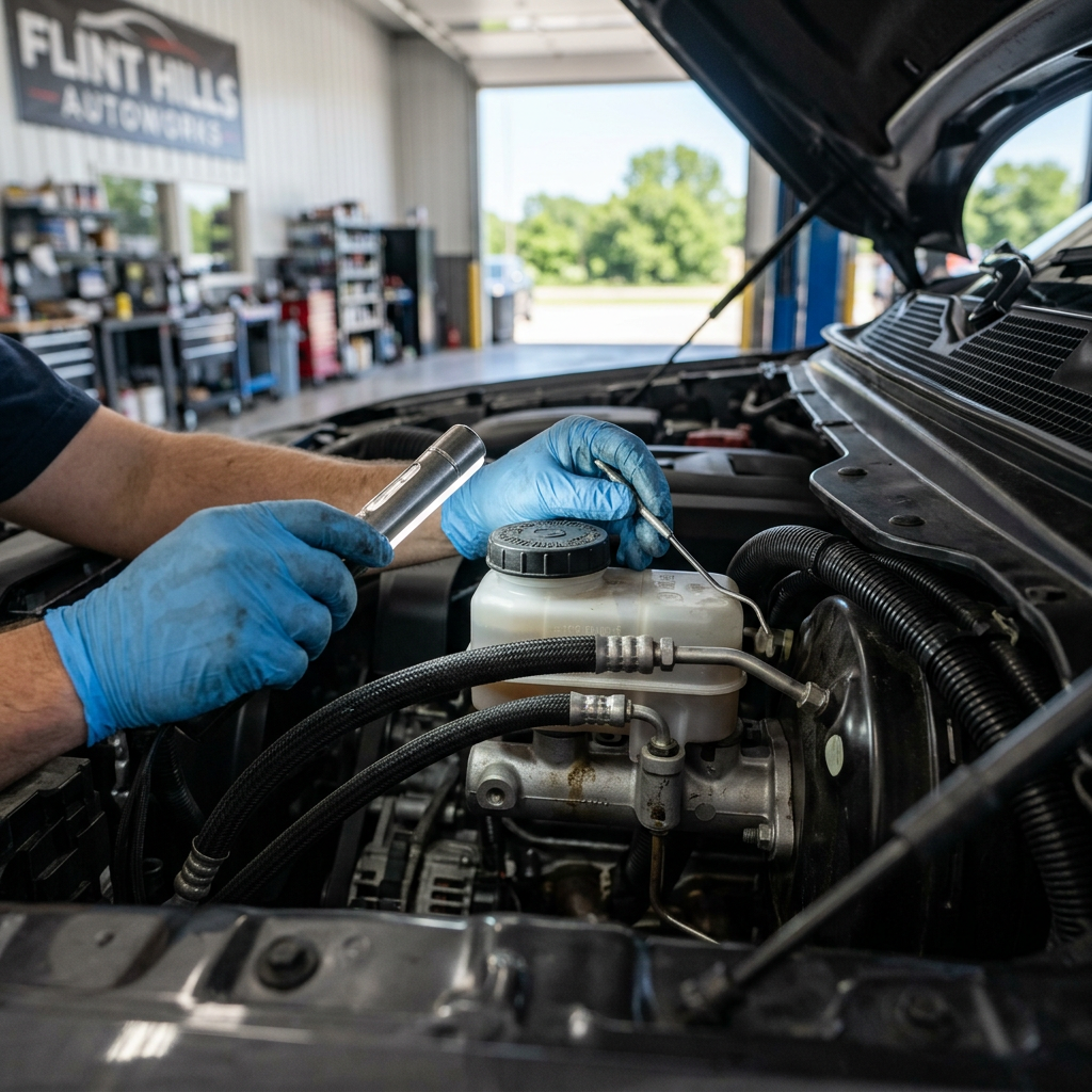 Mechanic in blue gloves inspecting a car engine compartment using a flashlight and probe. (Representative image for illustration purposes only. Actual vehicle may vary based on trim and configuration.)