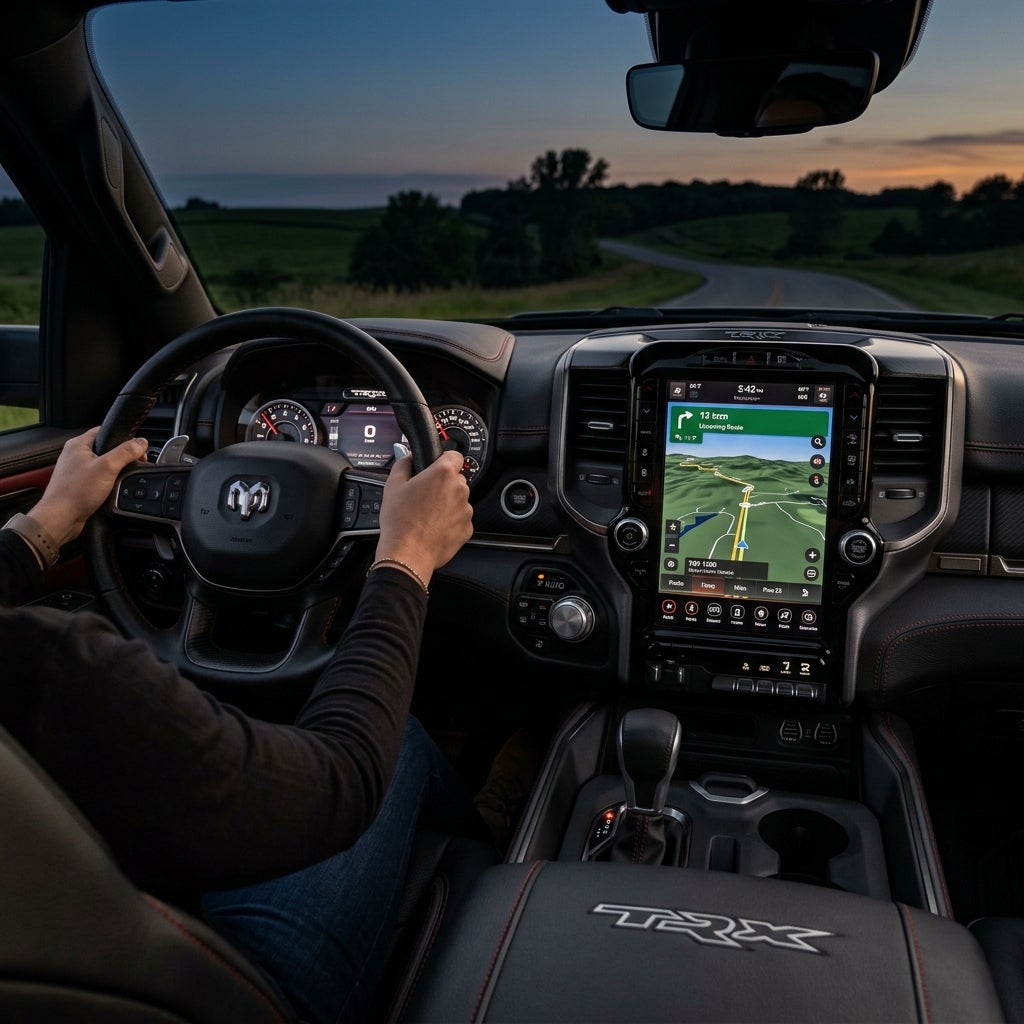 Driver's view inside a Ram 1500 TRX showing the digital dashboard, navigation screen, and steering wheel at dusk. (Representative image for illustration purposes only. Actual vehicle may vary based on trim and configuration.)