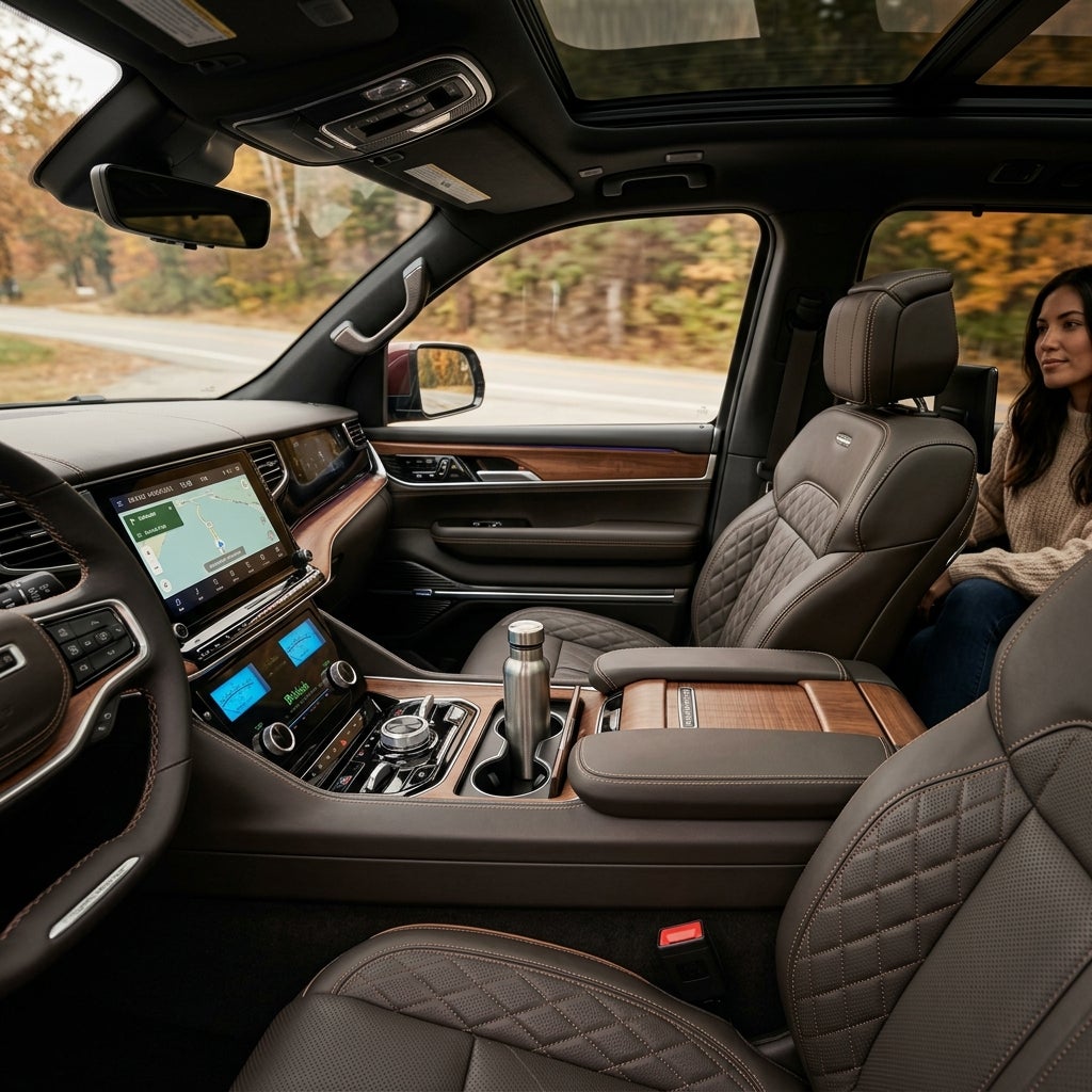 Interior of a luxury SUV featuring quilted brown leather seats, wood trim console, dual digital displays, and panoramic sunroof. (Representative image for illustration purposes only. Actual vehicle may vary based on trim and configuration.)