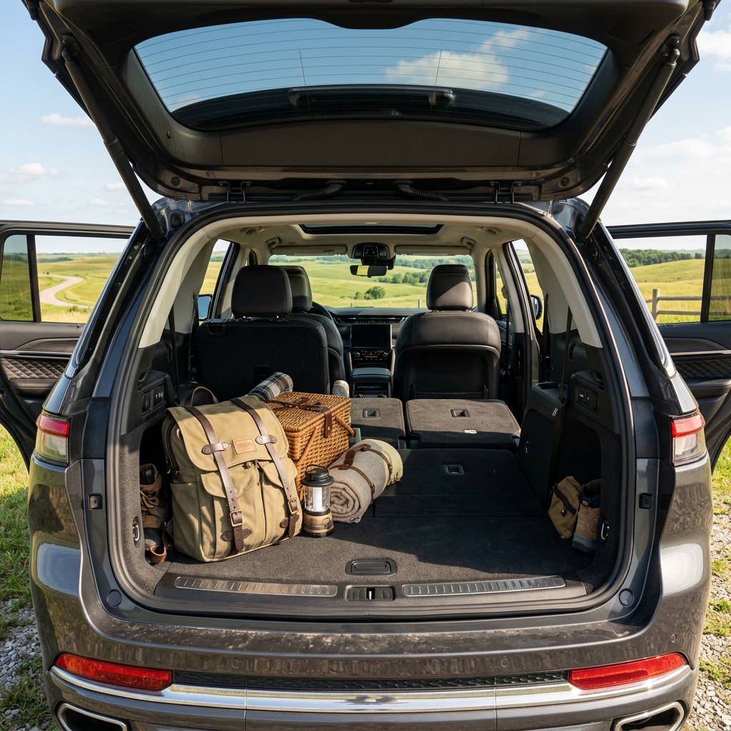 Open cargo area of a grey SUV packed with a vintage backpack, wicker basket, and outdoor gear overlooking a field. (Representative image for illustration purposes only. Actual vehicle may vary based on trim and configuration.)
