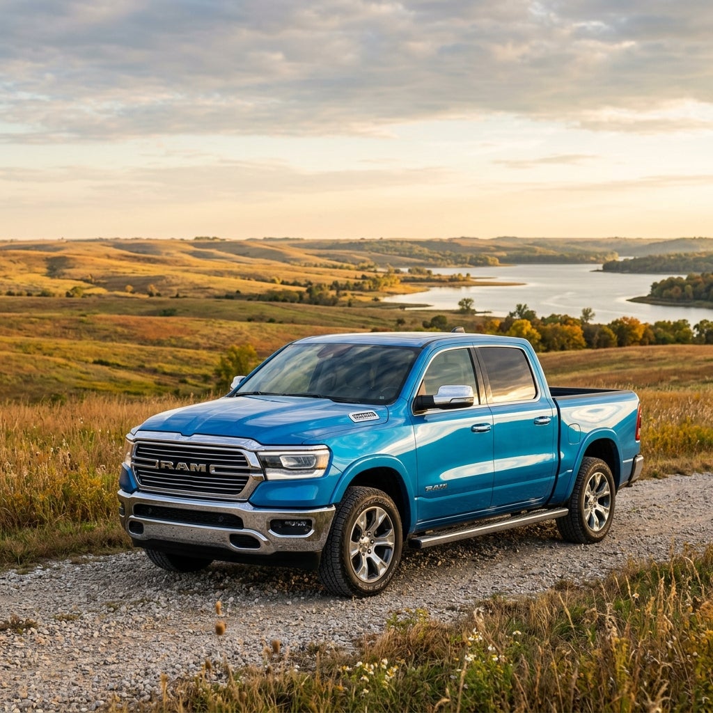 A bright blue RAM pickup truck parked on a gravel road overlooking rolling hills and a scenic river at sunset. (Representative image for illustration purposes only. Actual vehicle may vary based on trim and configuration.)