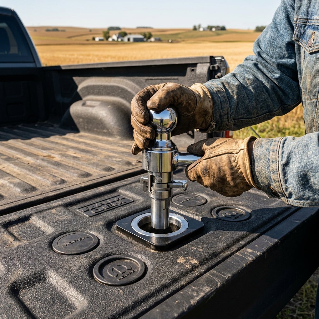 Gloved hands inserting a chrome gooseneck hitch ball into the bed socket of a Ram pickup truck. (Representative image for illustration purposes only. Actual vehicle may vary based on trim and configuration.)
