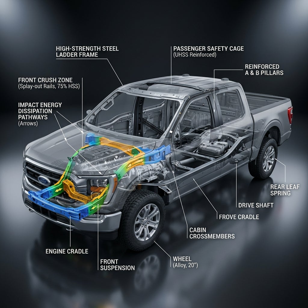 Transparent diagram of a Ford F-150 pickup truck highlighting structural frame and safety components with labels. (Representative image for illustration purposes only. Actual vehicle may vary based on trim and configuration.)