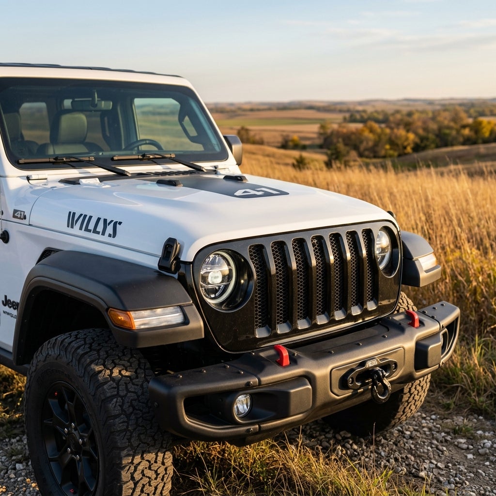 White Jeep Wrangler Willys edition parked on a gravel trail in a grassy field during golden hour. (Representative image for illustration purposes only. Actual vehicle may vary based on trim and configuration.)