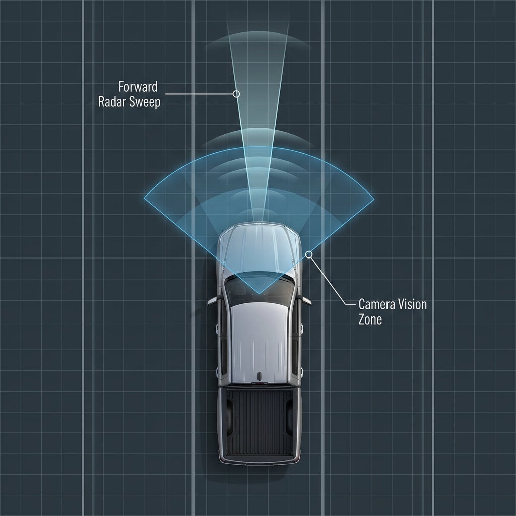 Top-down graphic of a silver pickup truck showing narrow forward radar sweep and wide camera vision zone coverage. (Representative image for illustration purposes only. Actual vehicle may vary based on trim and configuration.)