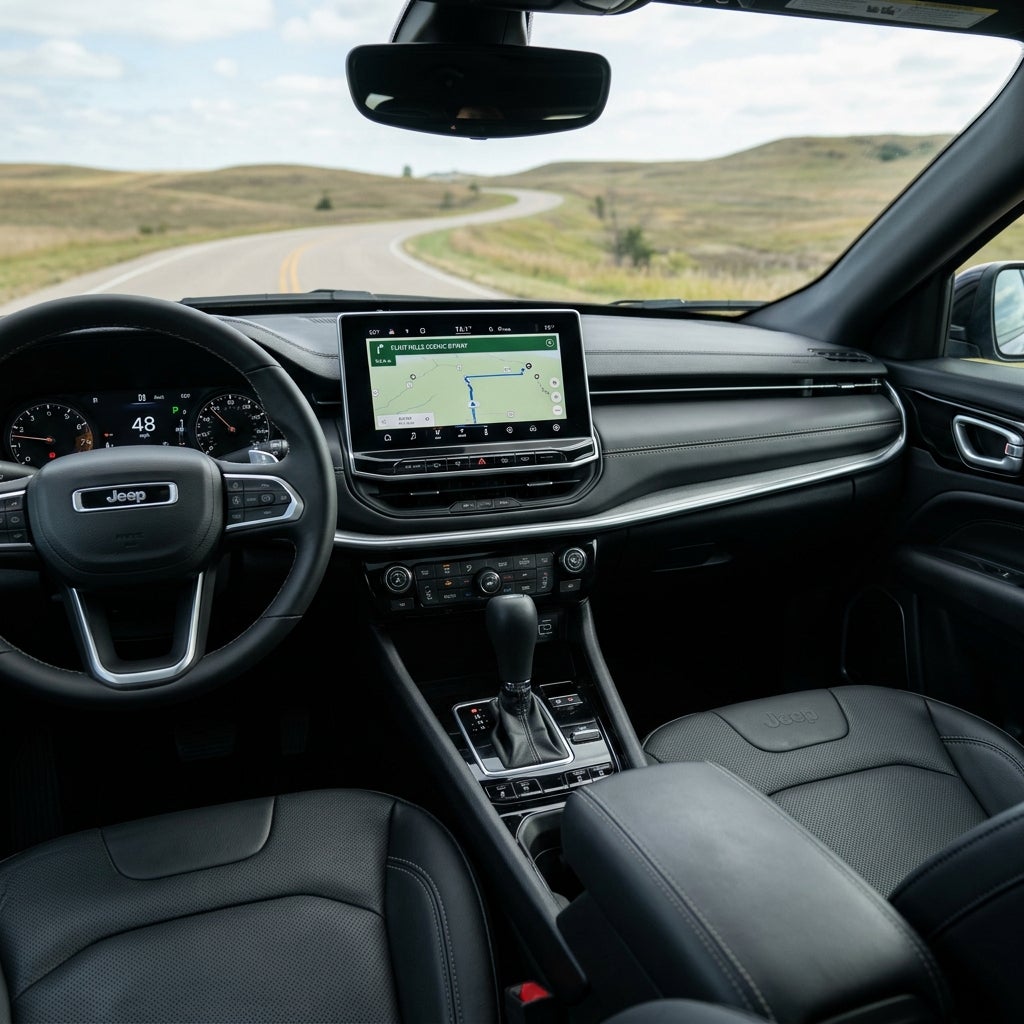 Dashboard and interior of a Jeep driving on a winding countryside road with a navigation map on the screen. (Representative image for illustration purposes only. Actual vehicle may vary based on trim and configuration.)