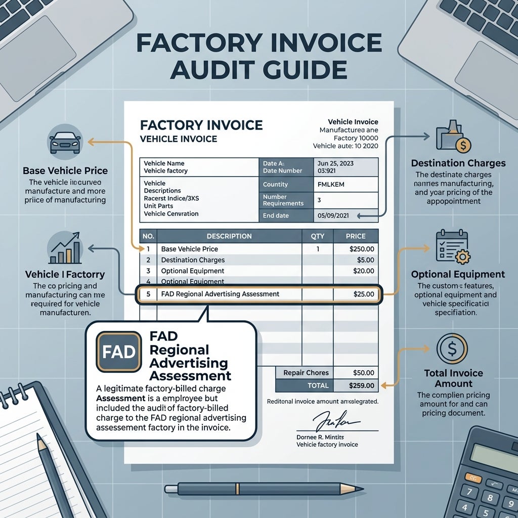 Infographic guide detailing vehicle factory invoice line items like base price, destination charges, and advertising fees. (Representative image for illustration purposes only. Actual vehicle may vary based on trim and configuration.)