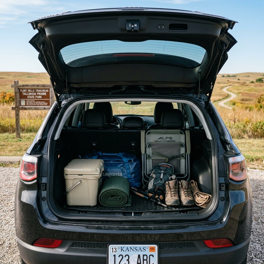 Open trunk of a dark SUV packed with hiking boots, cooler, duffel bag, camping chair, and gear at a state park trailhead. (Representative image for illustration purposes only. Actual vehicle may vary based on trim and configuration.)