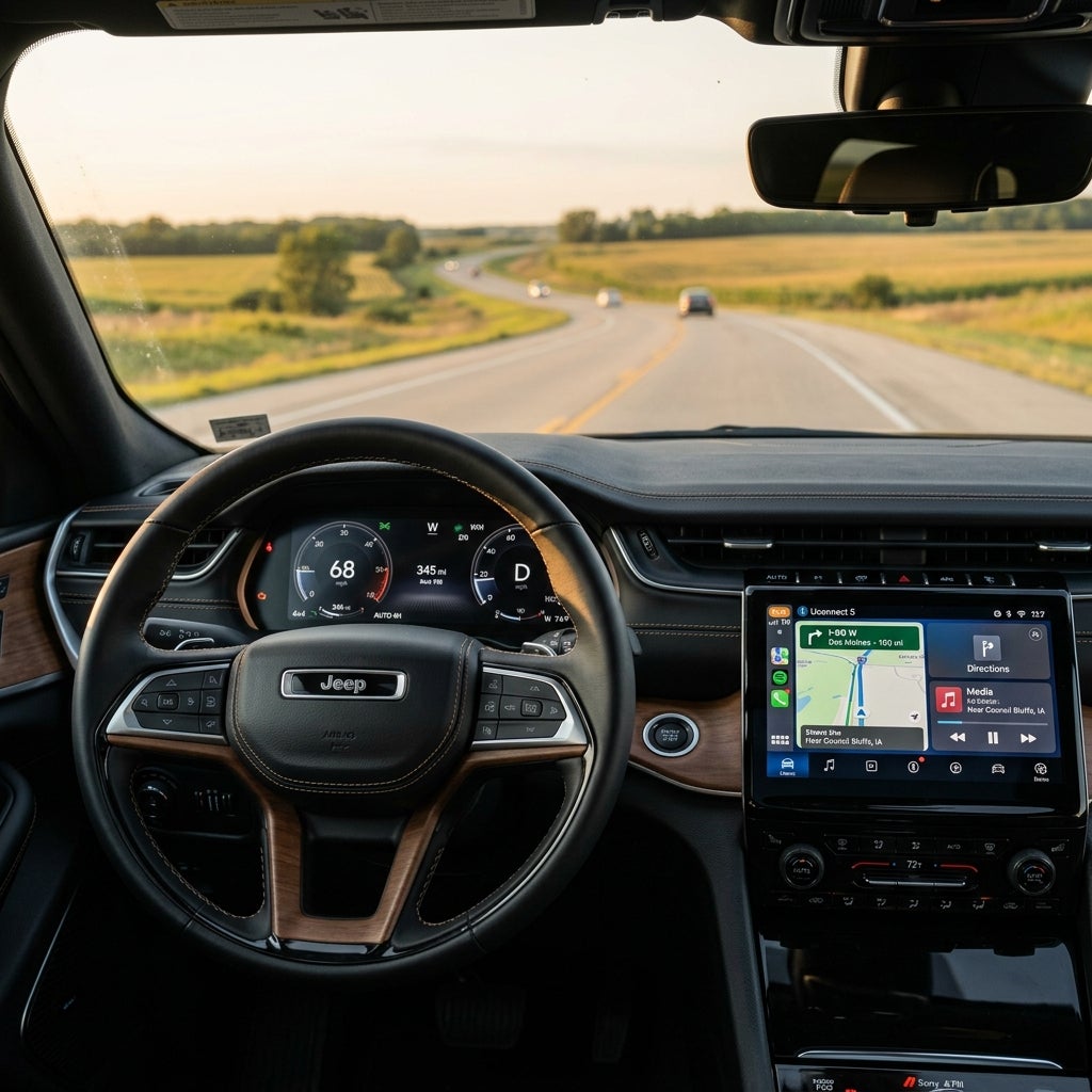 Driver's perspective inside a modern Jeep with digital dashboard and navigation screen, driving on a rural highway. (Representative image for illustration purposes only. Actual vehicle may vary based on trim and configuration.)