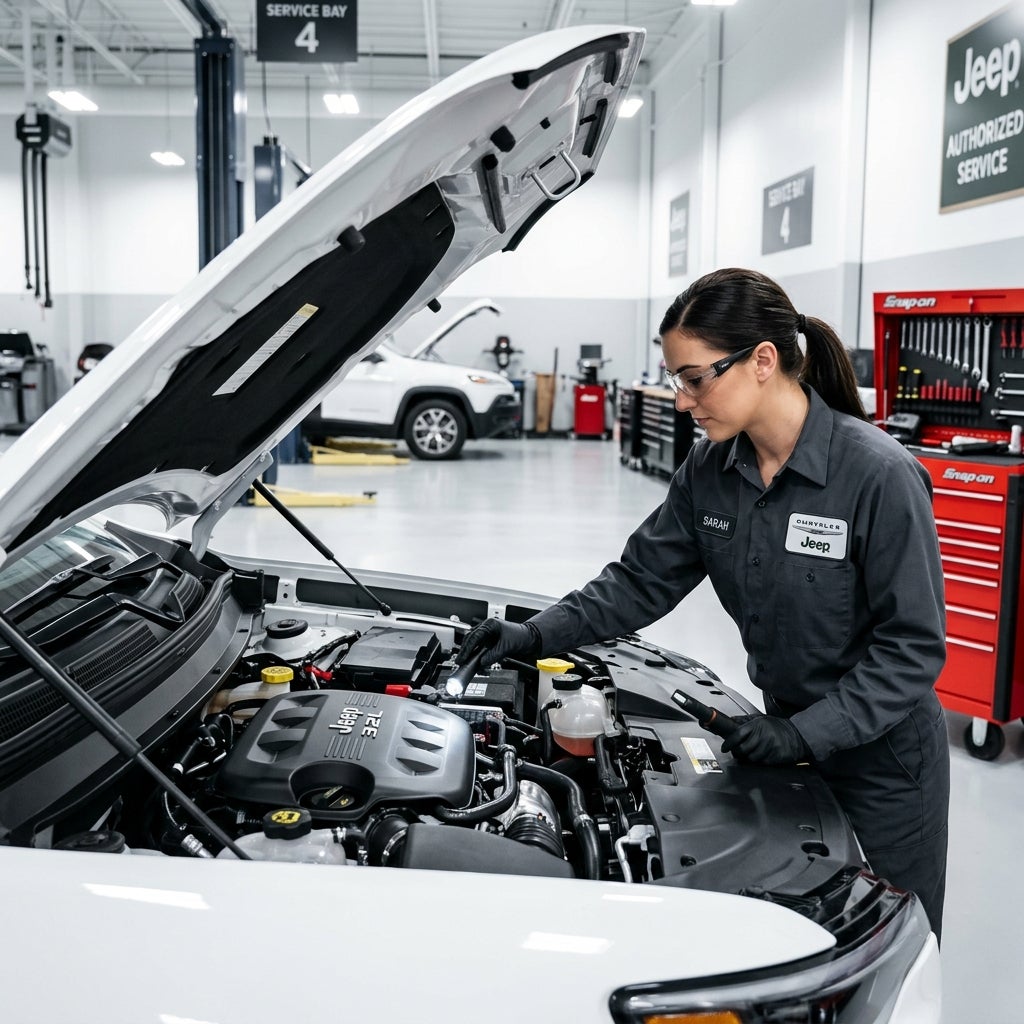 Female mechanic in safety glasses and gloves using a flashlight to inspect the engine bay of a white Jeep. (Representative image for illustration purposes only. Actual vehicle may vary based on trim and configuration.)