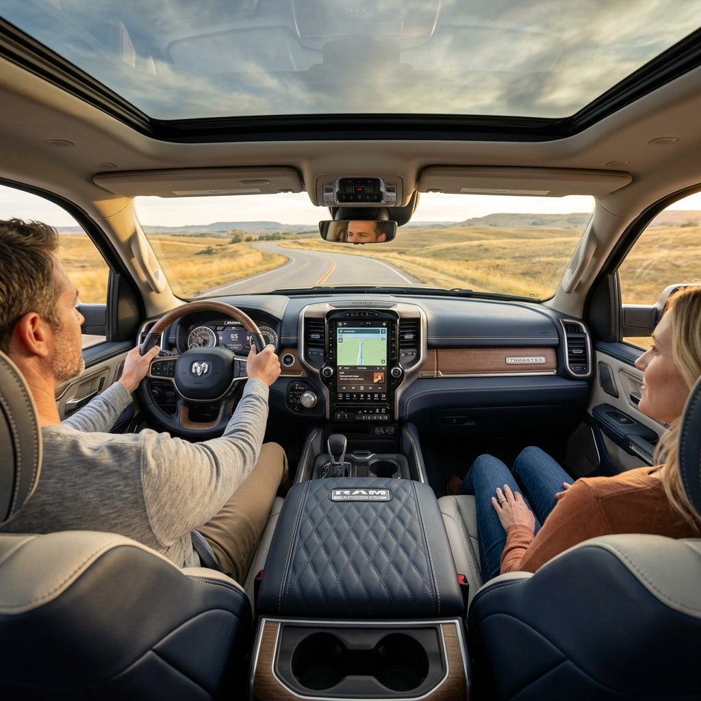 Interior view of a couple driving in a luxury Ram truck along a scenic rural road under a panoramic sunroof. (Representative image for illustration purposes only. Actual vehicle may vary based on trim and configuration.)