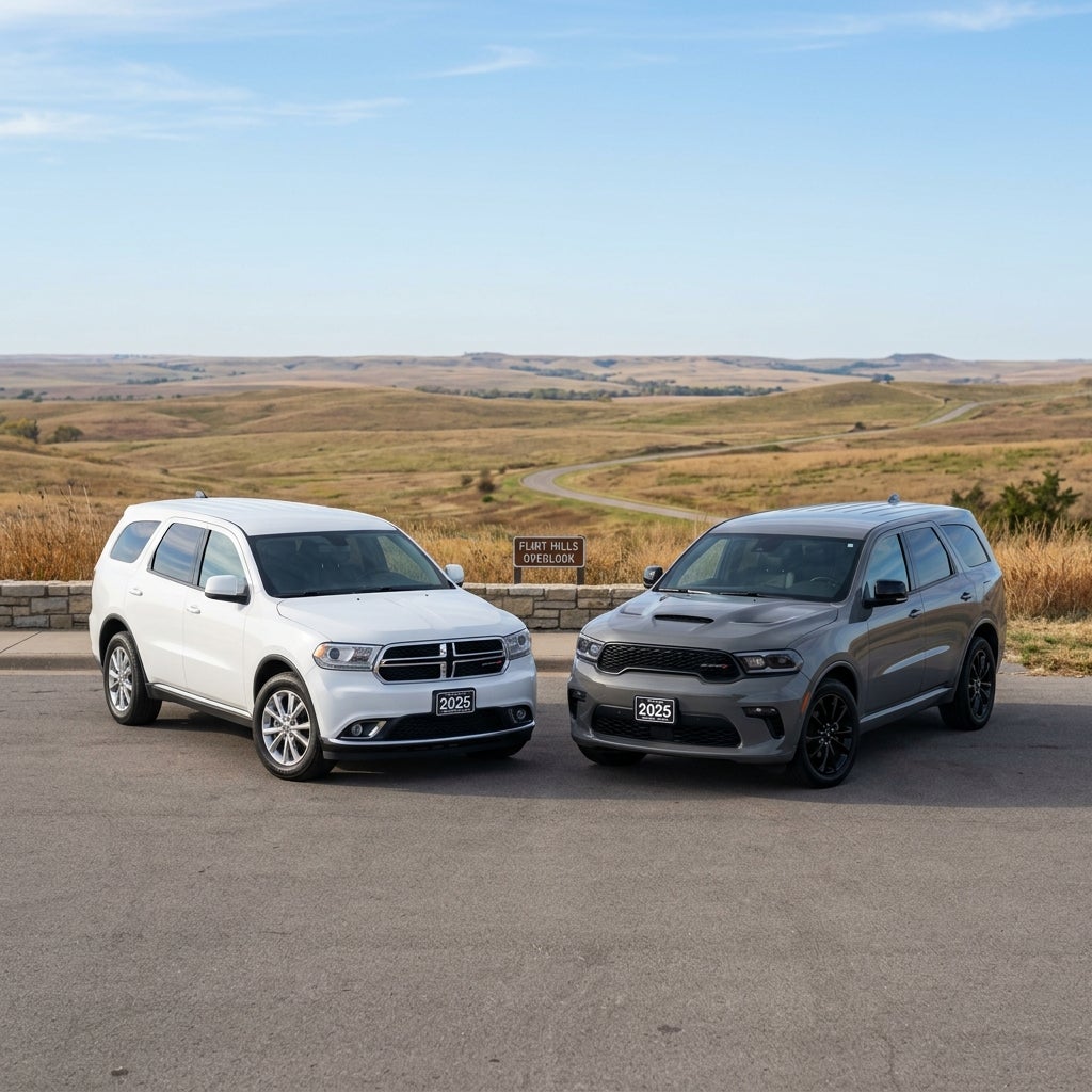 A white and a grey Dodge Durango parked side-by-side at the scenic Flint Hills Overlook with rolling hills behind them. (Representative image for illustration purposes only. Actual vehicle may vary based on trim and configuration.)