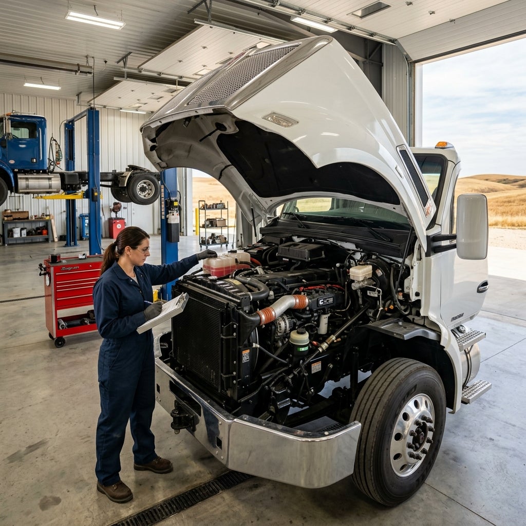 Female mechanic in blue coveralls inspecting the engine compartment of a white commercial truck with a clipboard. (Representative image for illustration purposes only. Actual vehicle may vary based on trim and configuration.)