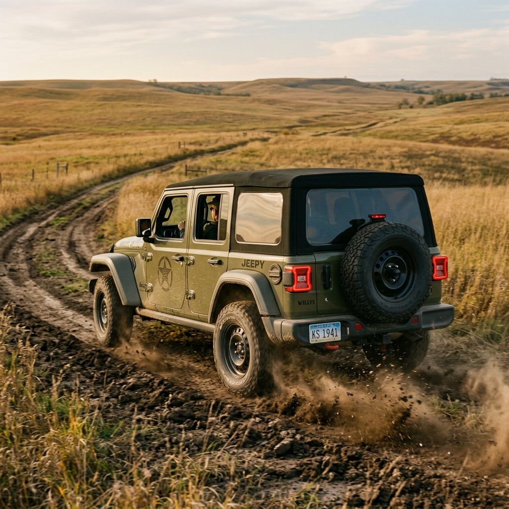 Green Jeep Wrangler driving along a muddy dirt track through golden rolling hills. (Representative image for illustration purposes only. Actual vehicle may vary based on trim and configuration.)