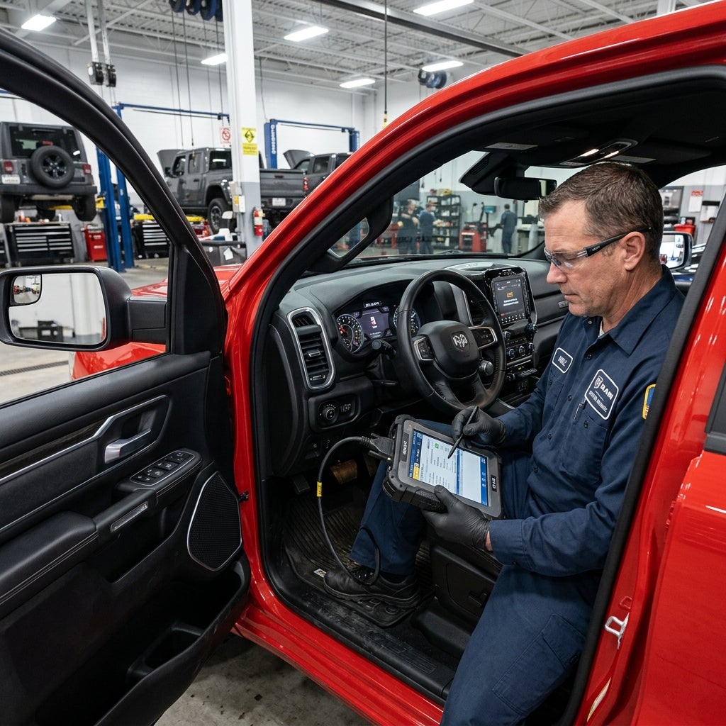 A technician sitting in a red truck uses a diagnostic tablet inside a busy auto repair shop service bay. (Representative image for illustration purposes only. Actual vehicle may vary based on trim and configuration.)