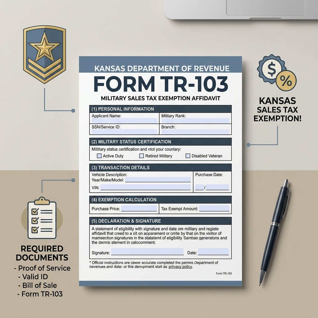 Kansas Form TR-103 military sales tax exemption affidavit document on a desk with a pen. (Representative image for illustration purposes only. Actual vehicle may vary based on trim and configuration.)