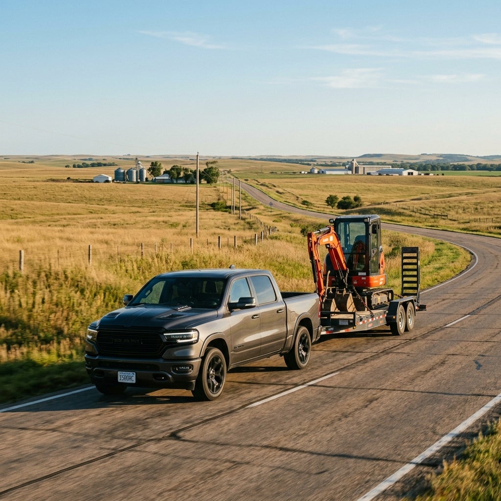 A grey Ram pickup truck towing a flatbed trailer with an orange mini excavator on a rural winding road. (Representative image for illustration purposes only. Actual vehicle may vary based on trim and configuration.)