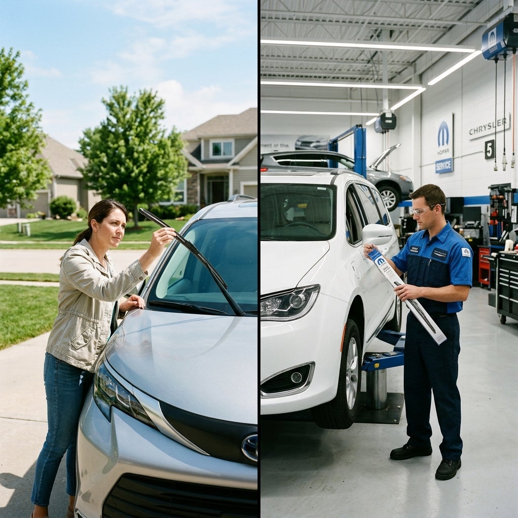 Split view comparing a woman replacing a windshield wiper at home with a technician holding new wipers at a service shop. (Representative image for illustration purposes only. Actual vehicle may vary based on trim and configuration.)