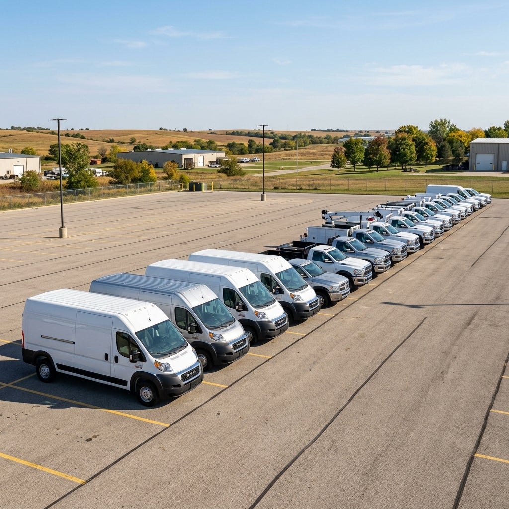 A long row of white work vans and utility pickup trucks parked diagonally in a large asphalt parking lot. (Representative image for illustration purposes only. Actual vehicle may vary based on trim and configuration.)