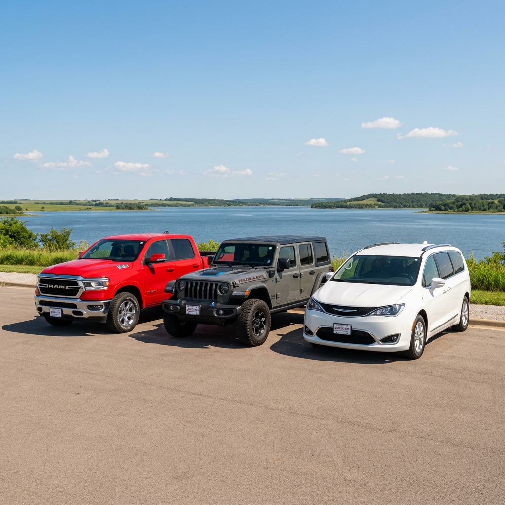 Three Stellantis vehicles—a red Ram truck, a grey Jeep Wrangler, and a white Chrysler Pacifica—parked by a lake. (Representative image for illustration purposes only. Actual vehicle may vary based on trim and configuration.)