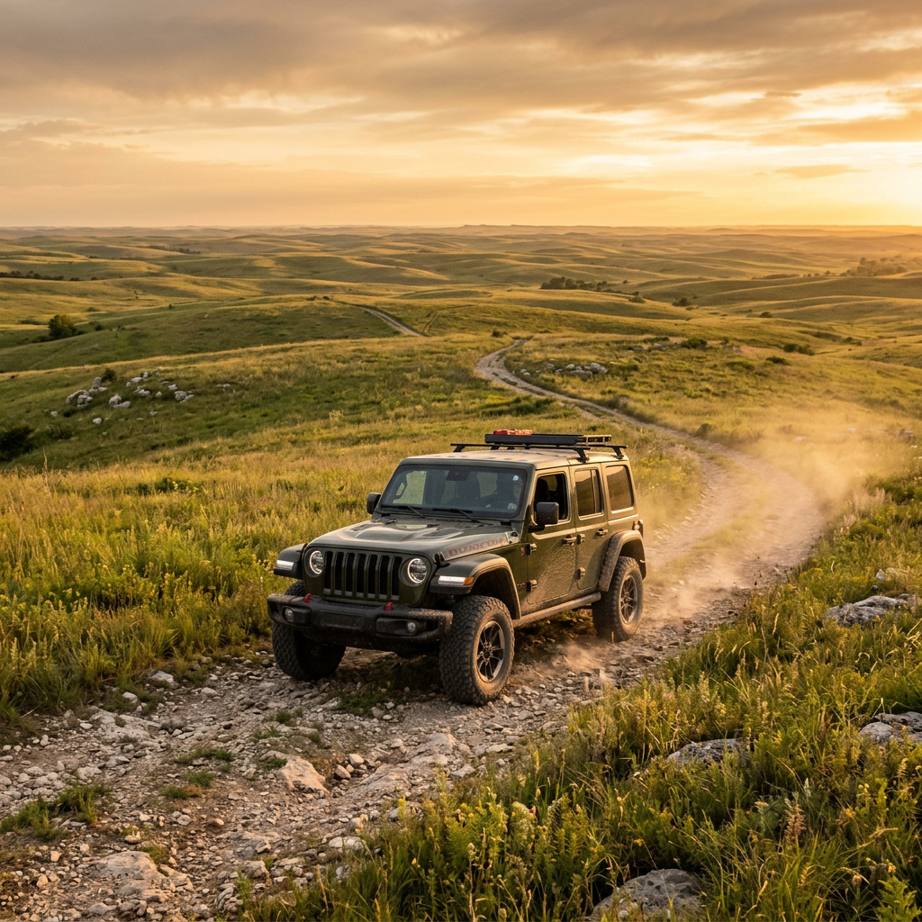 A green Jeep Wrangler drives along a winding dirt path through rolling grassy hills under a warm sunset sky. (Representative image for illustration purposes only. Actual vehicle may vary based on trim and configuration.)