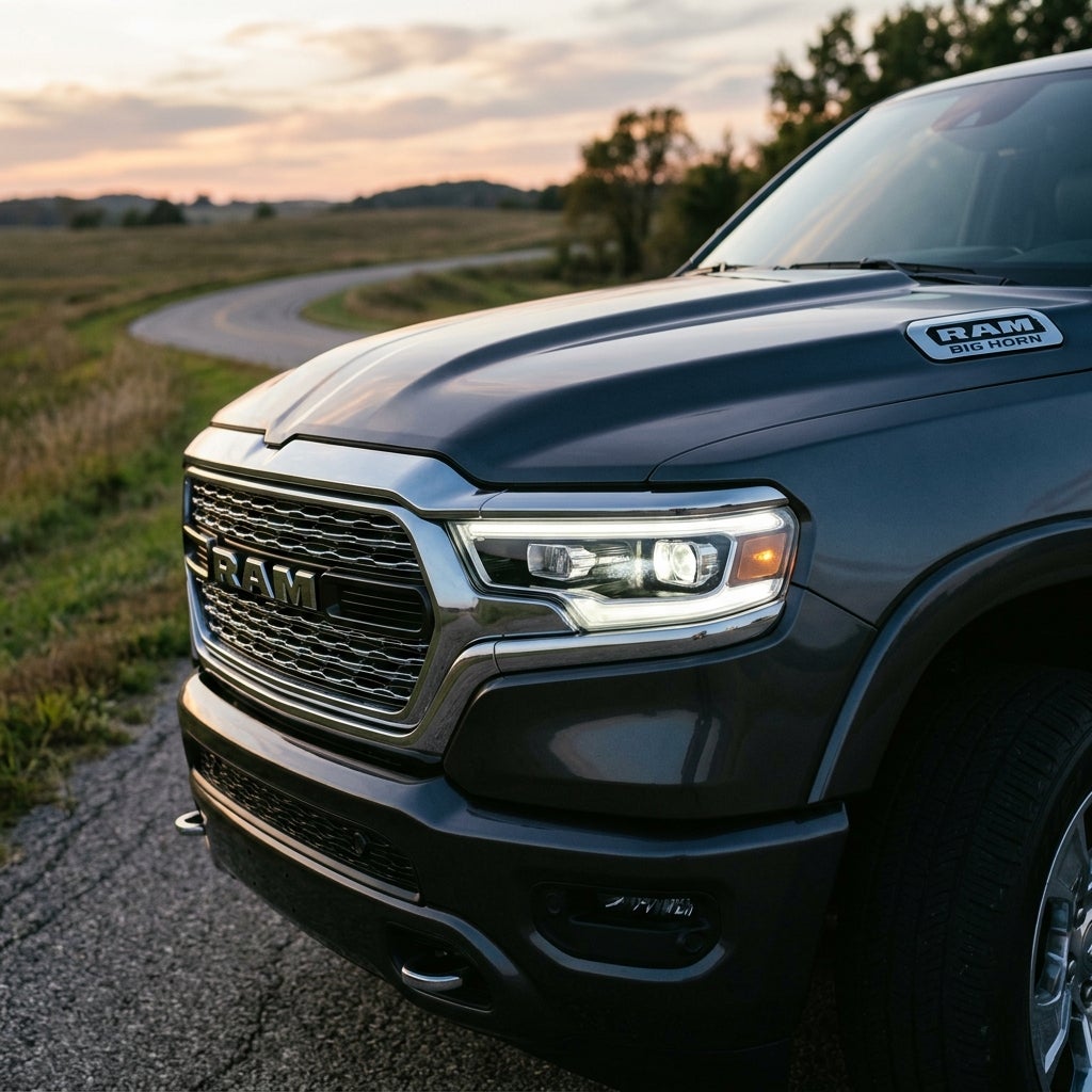 Front view of a dark gray Ram Big Horn pickup truck with illuminated headlights on a rural winding road at sunset. (Representative image for illustration purposes only. Actual vehicle may vary based on trim and configuration.)
