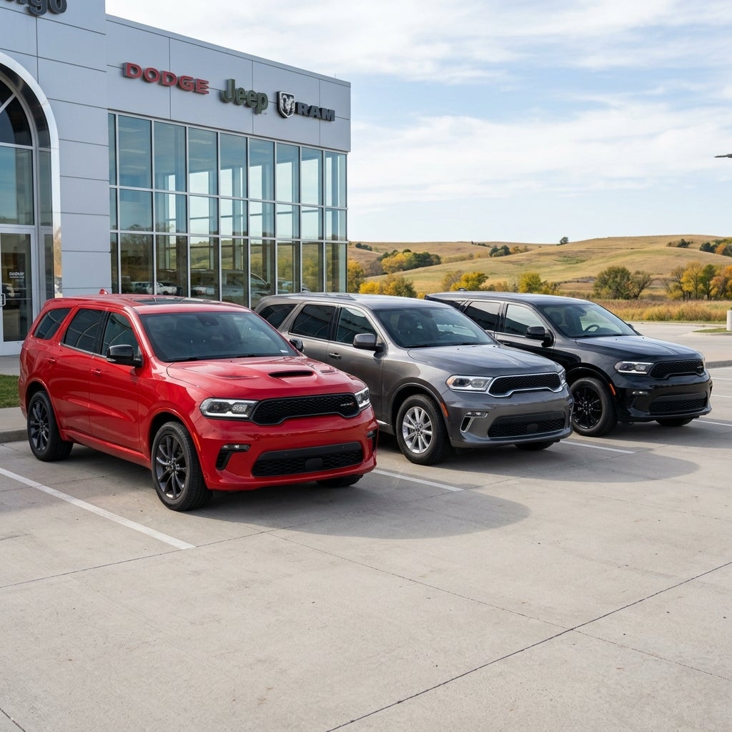 Red, grey, and black Dodge Durango SUVs parked outside a Dodge Jeep Ram dealership on a sunny day. (Representative image for illustration purposes only. Actual vehicle may vary based on trim and configuration.)