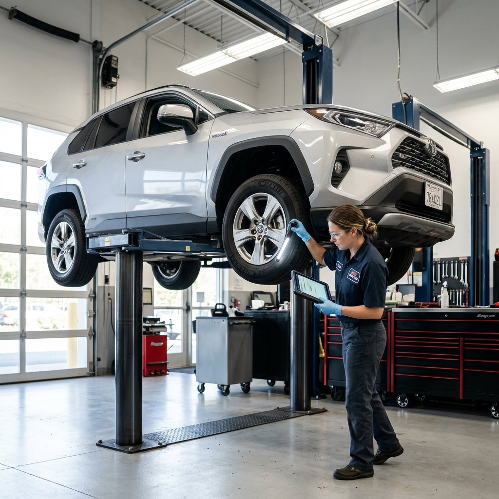 Female mechanic using a flashlight and tablet to inspect an SUV raised on a hydraulic lift in an auto shop. (Representative image for illustration purposes only. Actual vehicle may vary based on trim and configuration.)
