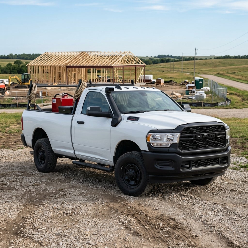 White Ram single-cab work truck with utility rack and snorkel parked at a rural house construction site. (Representative image for illustration purposes only. Actual vehicle may vary based on trim and configuration.)