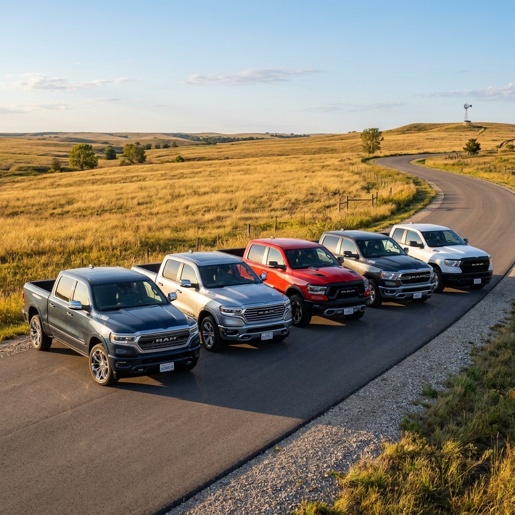 Five Ram pickup trucks in various colors lined up on a winding asphalt road in a grassy rural landscape. (Representative image for illustration purposes only. Actual vehicle may vary based on trim and configuration.)