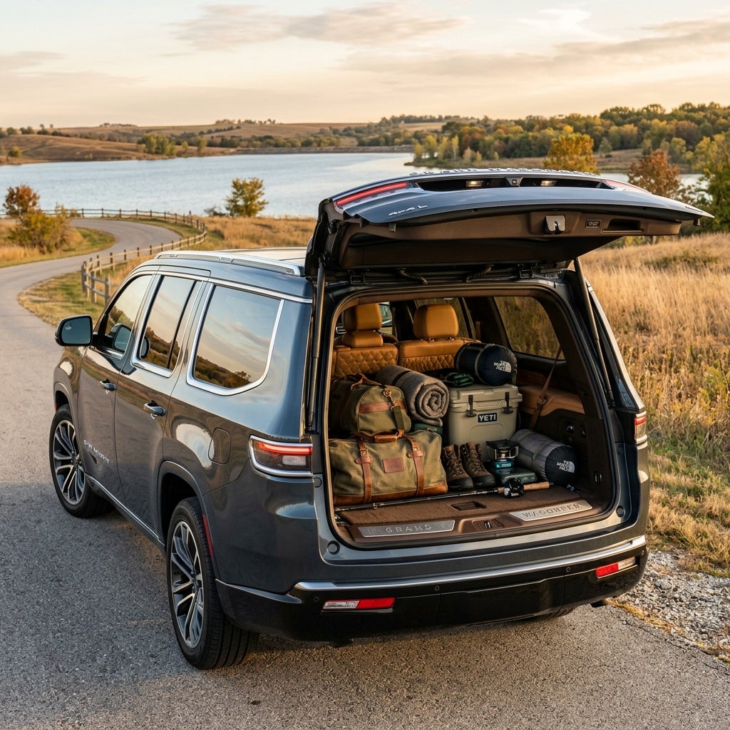 Rear view of a dark grey SUV with open trunk packed with camping gear, parked along a lakeside road. (Representative image for illustration purposes only. Actual vehicle may vary based on trim and configuration.)