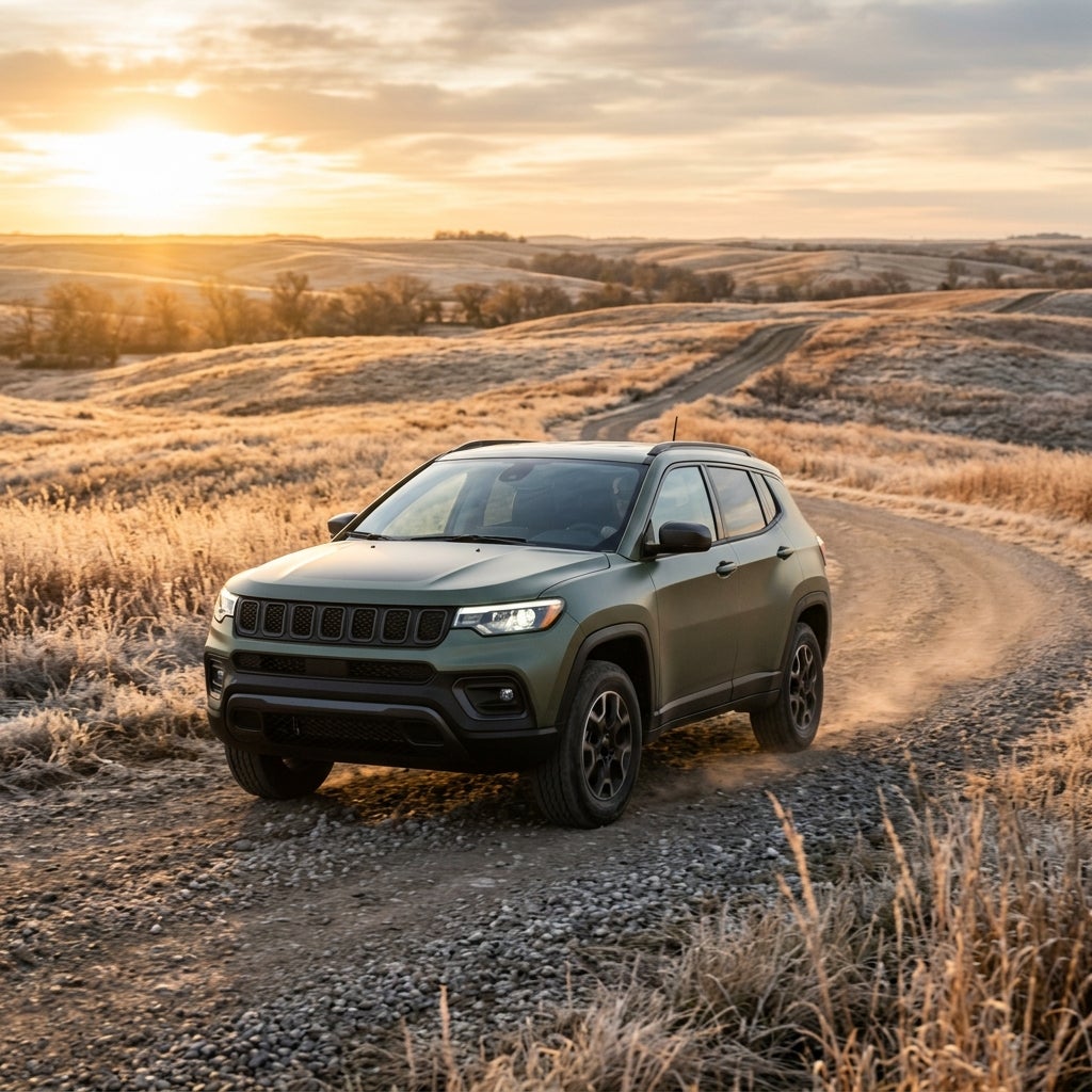 A matte green SUV driving along a winding gravel road through rolling hills at sunset. (Representative image for illustration purposes only. Actual vehicle may vary based on trim and configuration.)