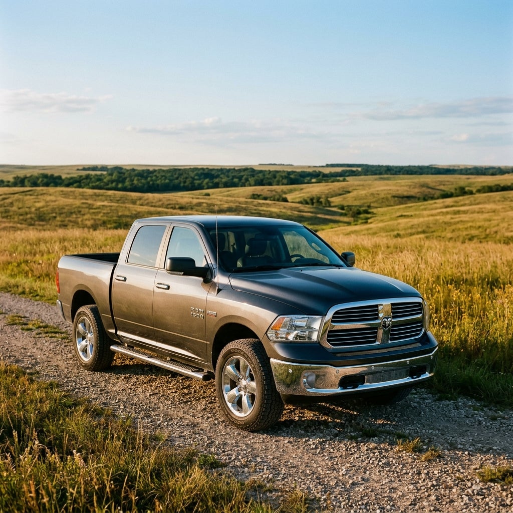 A dark grey Ram 1500 pickup truck parked on a gravel road in a rolling green field. (Representative image for illustration purposes only. Actual vehicle may vary based on trim and configuration.)