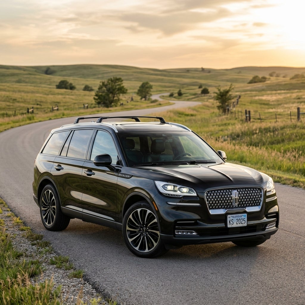 A black Lincoln Aviator SUV parked on a winding asphalt road through rolling green hills during sunset. (Representative image for illustration purposes only. Actual vehicle may vary based on trim and configuration.)