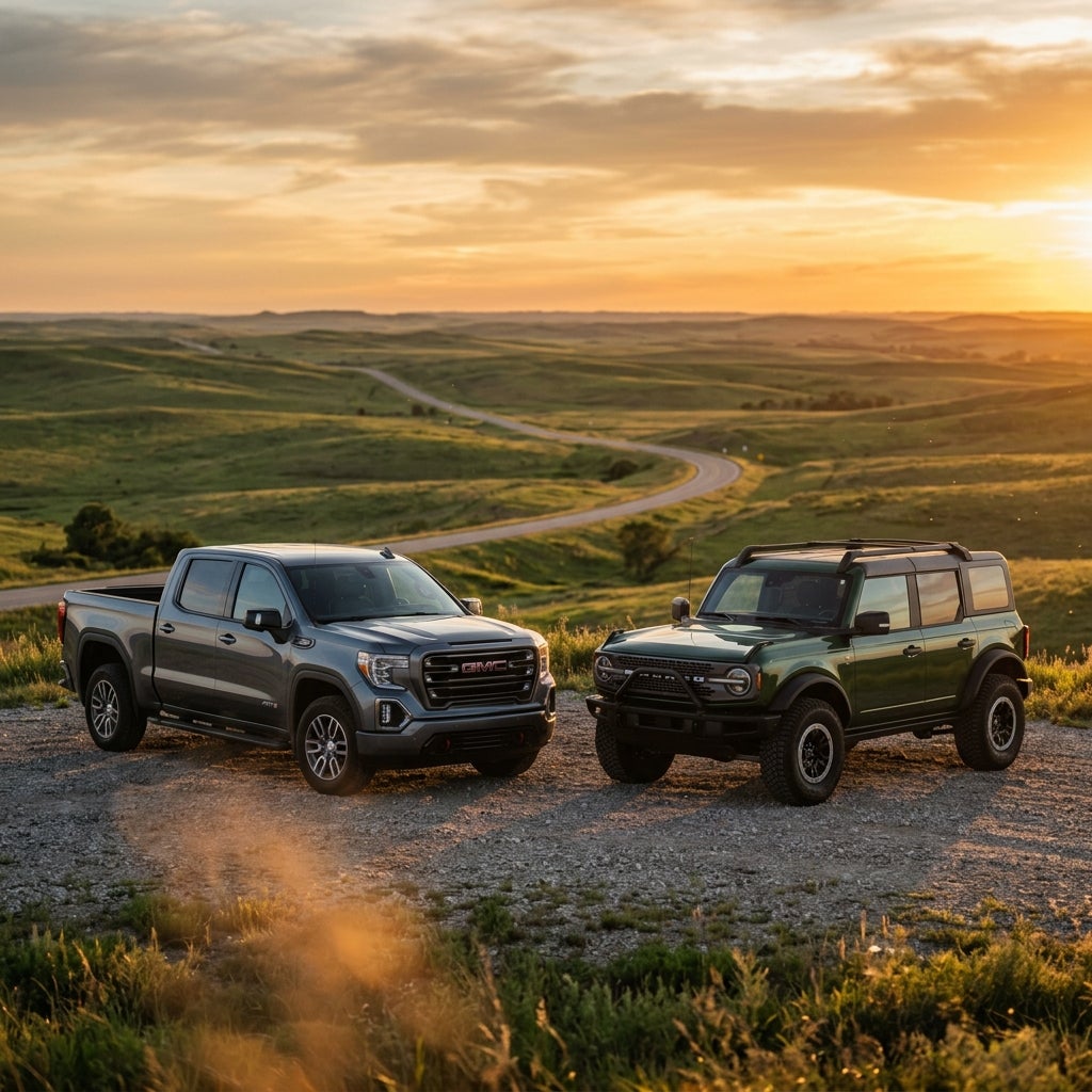 A grey GMC pickup truck and a green Ford Bronco parked on a gravel overlook in rolling green hills at sunset. (Representative image for illustration purposes only. Actual vehicle may vary based on trim and configuration.)