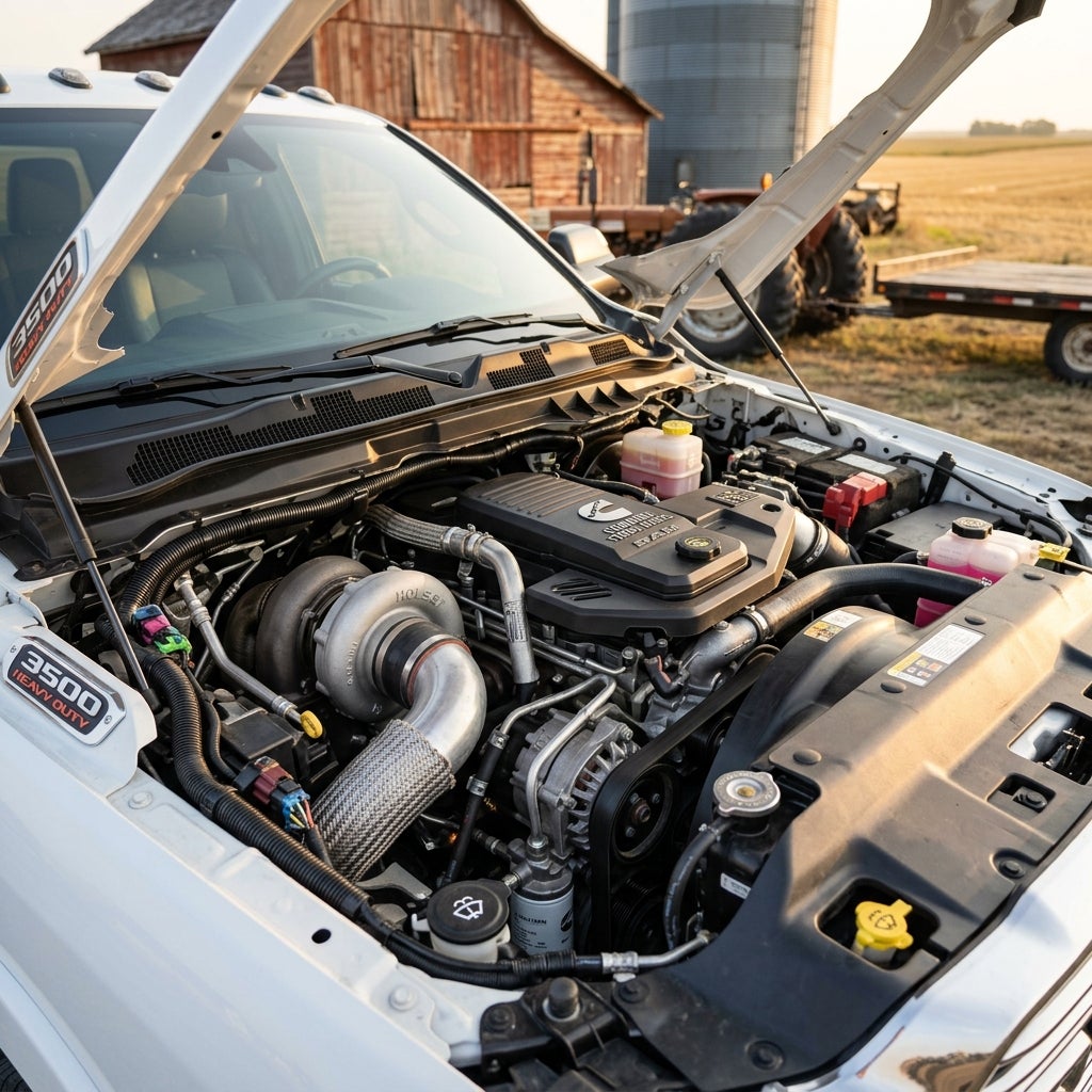 Open hood of a white Ram 3500 Heavy Duty truck showing a Cummins turbo diesel engine on a farm. (Representative image for illustration purposes only. Actual vehicle may vary based on trim and configuration.)