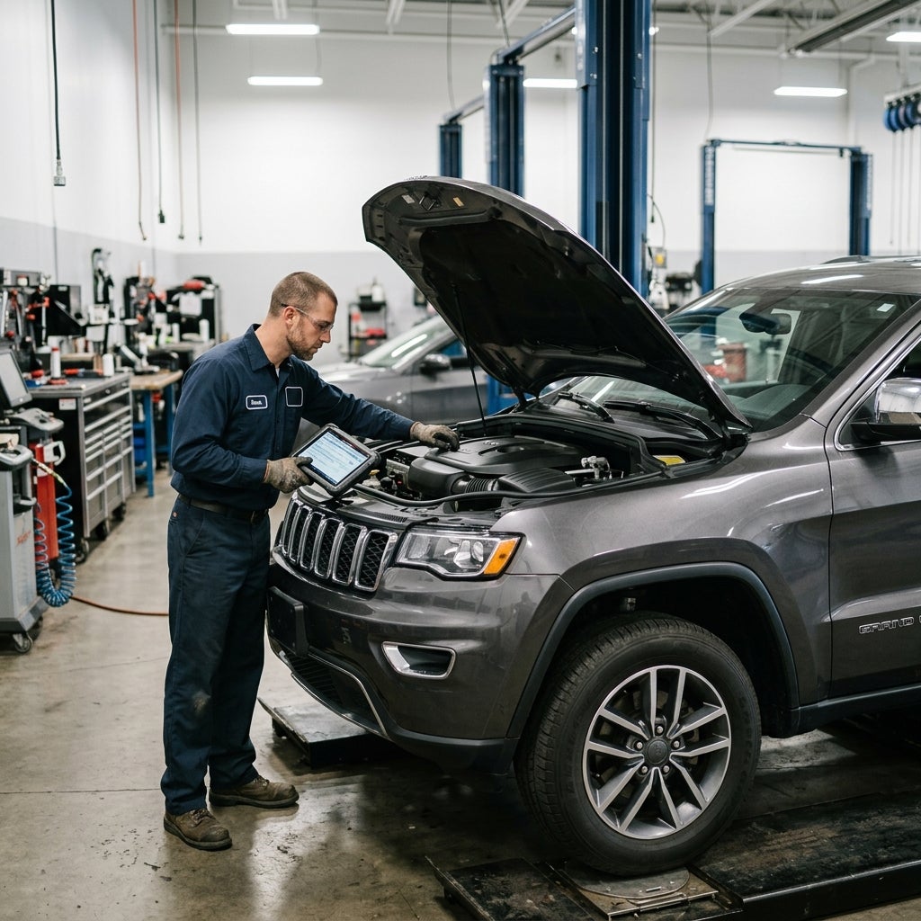 Mechanic using a diagnostic tablet while working under the open hood of a grey SUV in a repair shop. (Representative image for illustration purposes only. Actual vehicle may vary based on trim and configuration.)