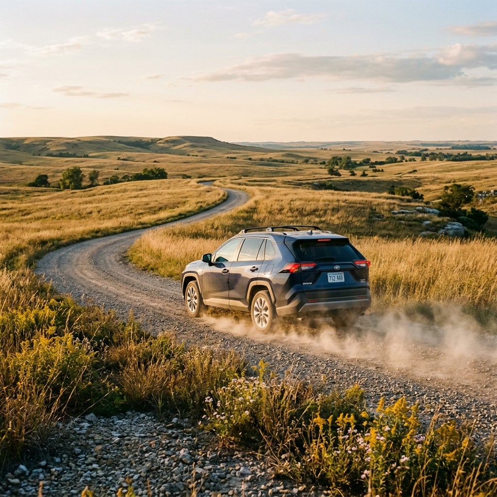 Blue SUV driving along a winding gravel road through grassy rolling hills at golden hour, kicking up dust. (Representative image for illustration purposes only. Actual vehicle may vary based on trim and configuration.)