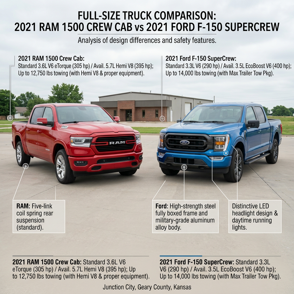 Infographic comparing features of the 2021 RAM 1500 Crew Cab and the 2021 Ford F-150 SuperCrew. (Representative image for illustration purposes only. Actual vehicle may vary based on trim and configuration.)