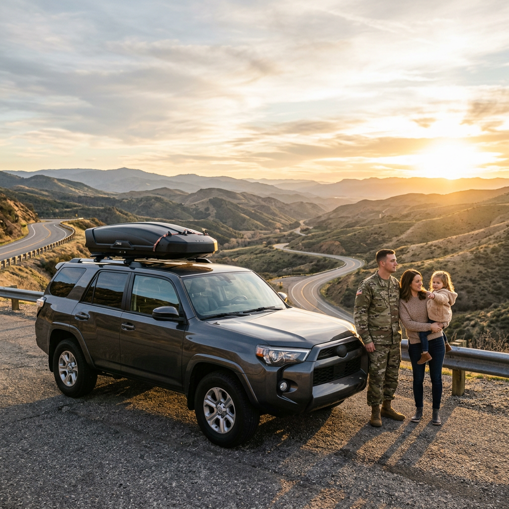 A military family stands by their grey SUV at a scenic mountain overlook during sunset. (Representative image for illustration purposes only. Actual vehicle may vary based on trim and configuration.)